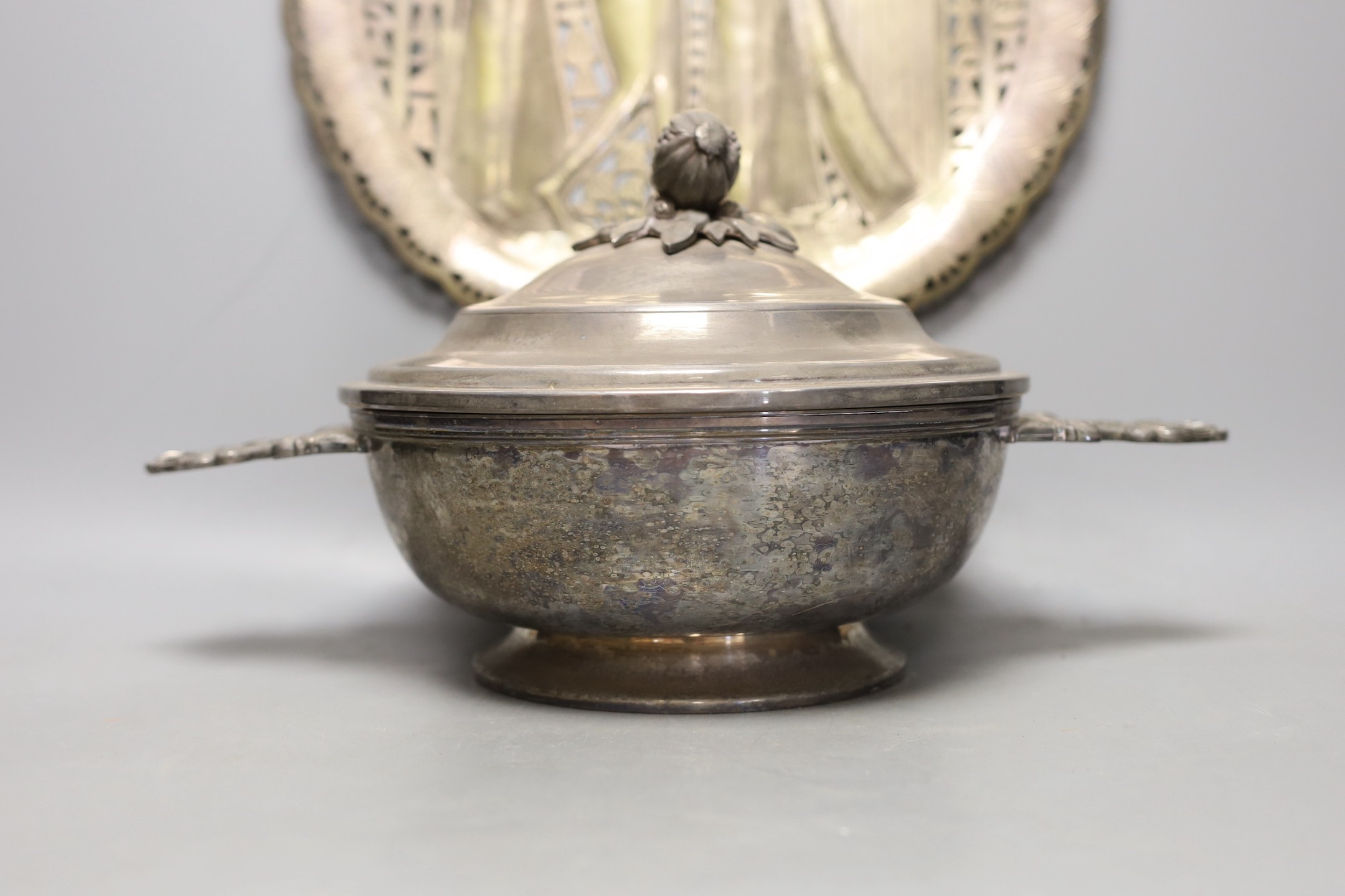 A set of four Christofle plated serving dishes, a similar ecuelle and cover and an Egyptian plated dish.